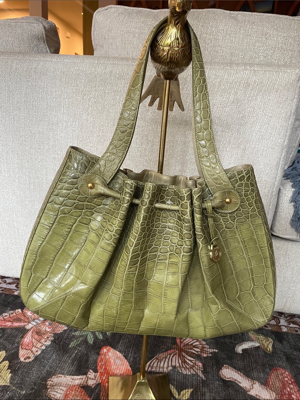 BRAHMIN Green Faux Croc Bag Purse Hobo One Callout Gorgeous Can Attach Crossbody - Picture 11 of 14